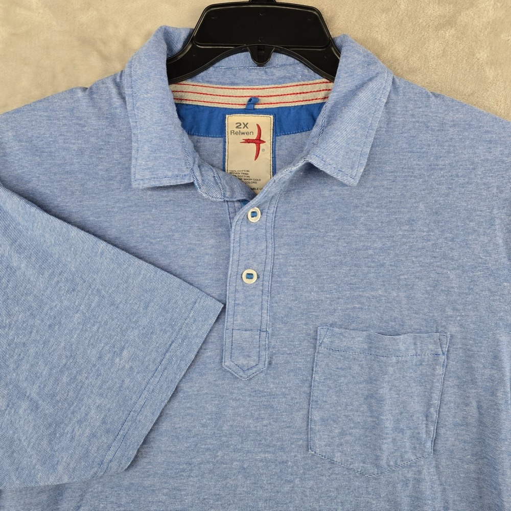 Relwen Polo Shirt Mens 2X Blue Striped Short Sleeve Pocket Cotton Jersey